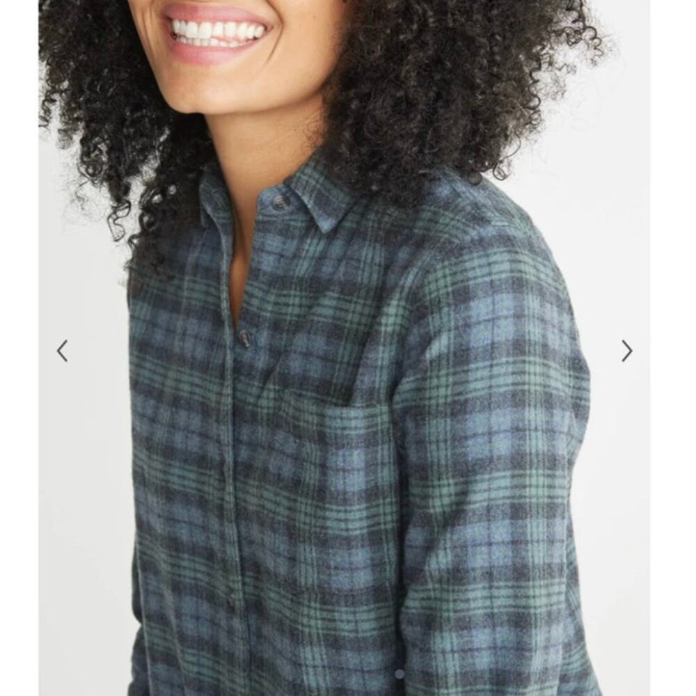 Marine Layer Ruby Button Down Faded Green Deep Denim Plaid Shirt, Size Small